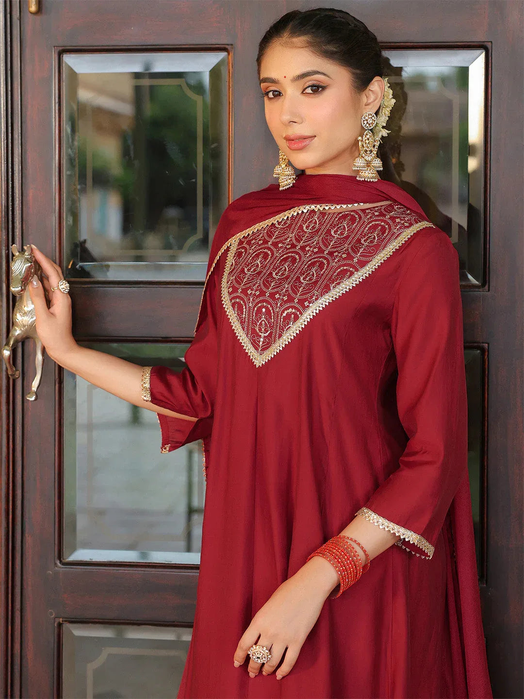 Janasya Women's Maroon Chanderi Silk Embroidered Anarkali Kurta Set