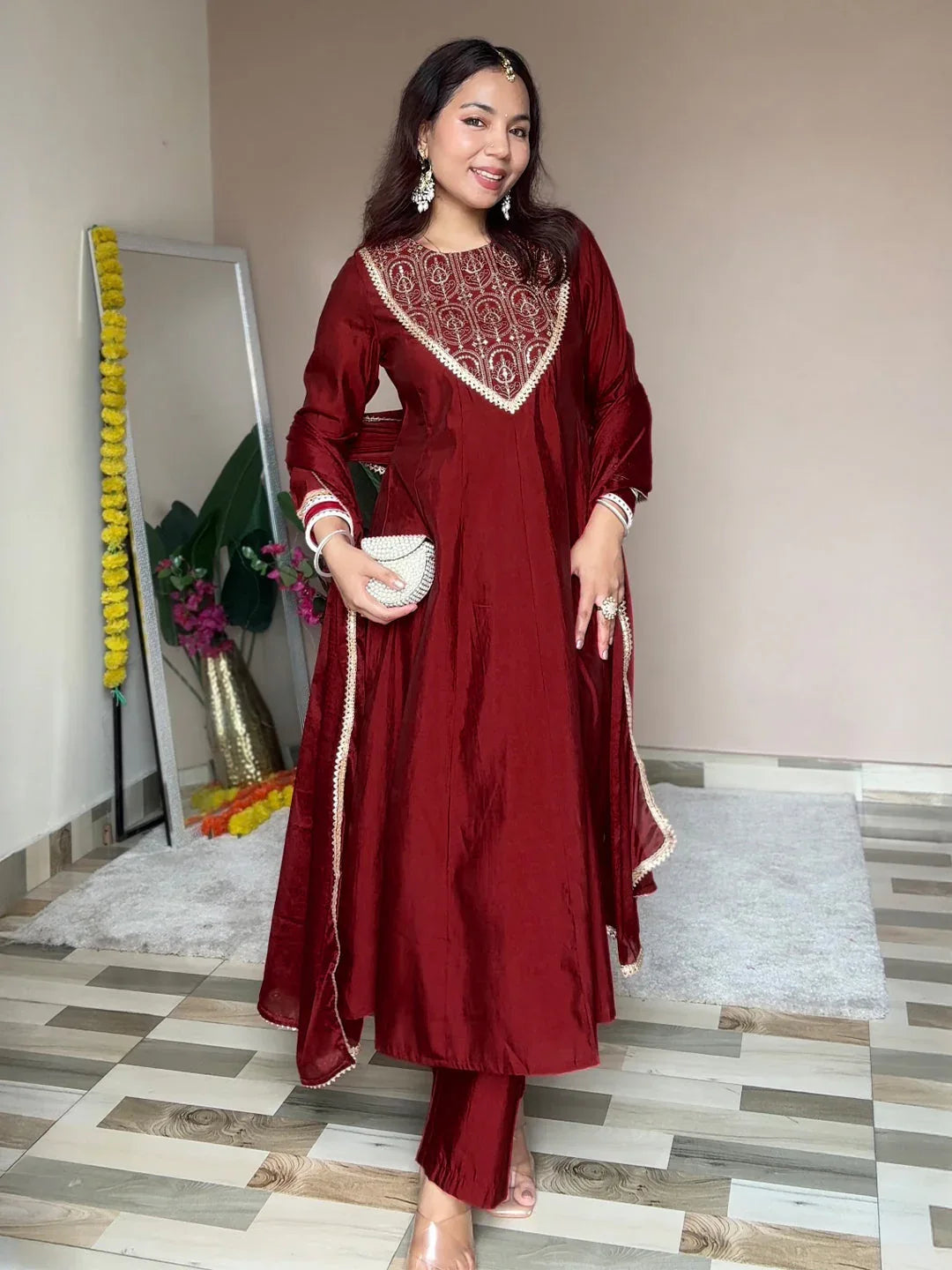 Janasya Women's Maroon Chanderi Silk Embroidered Anarkali Kurta Set