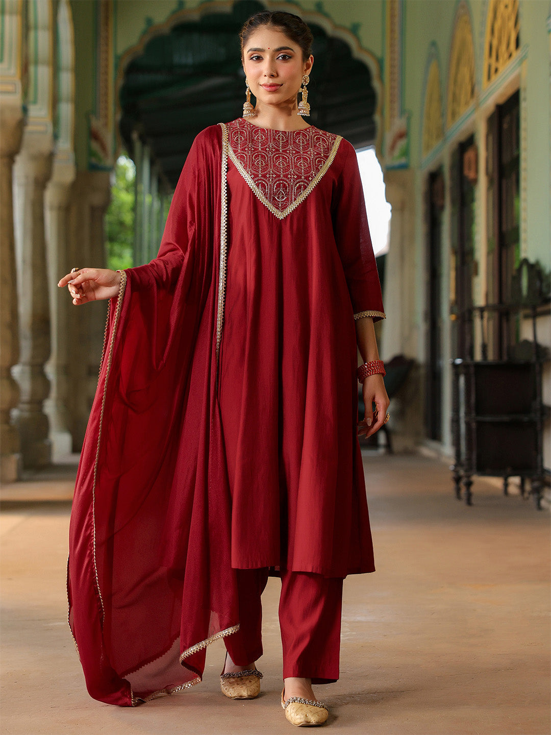 Janasya Women's Maroon Chanderi Silk Embroidered Anarkali Kurta Set - qivii