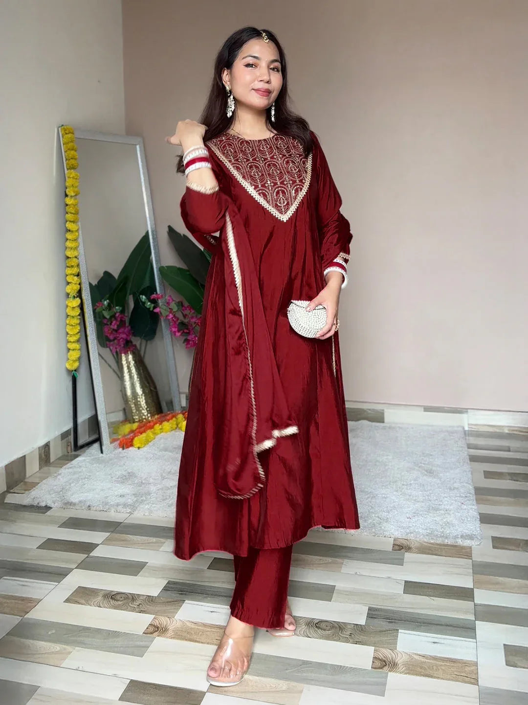 Janasya Women's Maroon Chanderi Silk Embroidered Anarkali Kurta Set