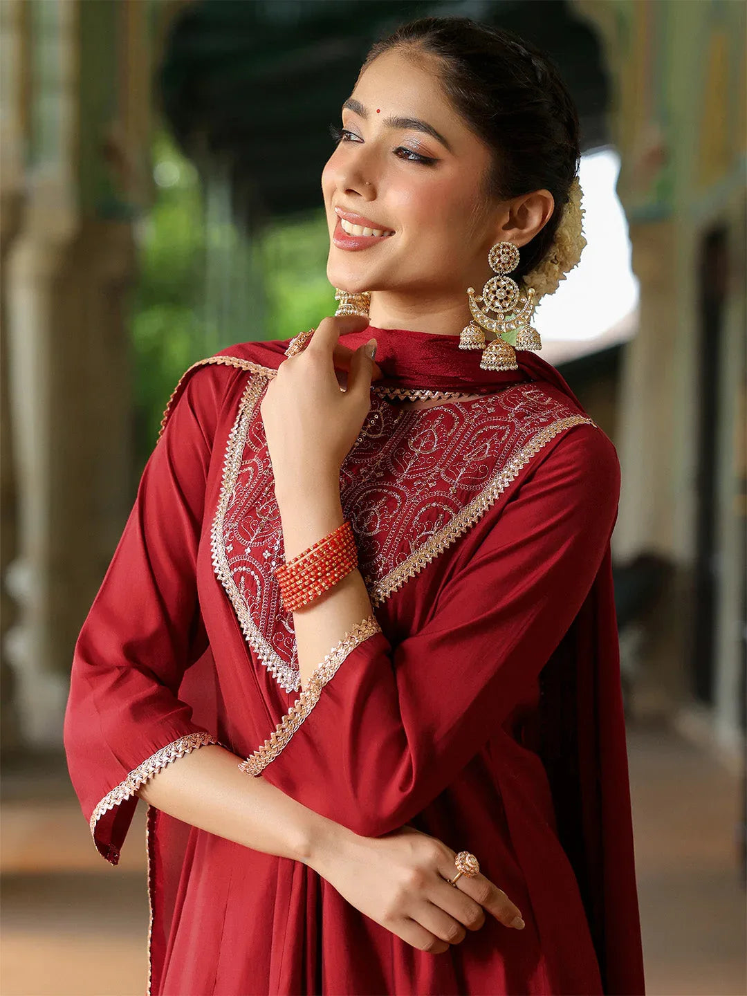 Janasya Women's Maroon Chanderi Silk Embroidered Anarkali Kurta Set