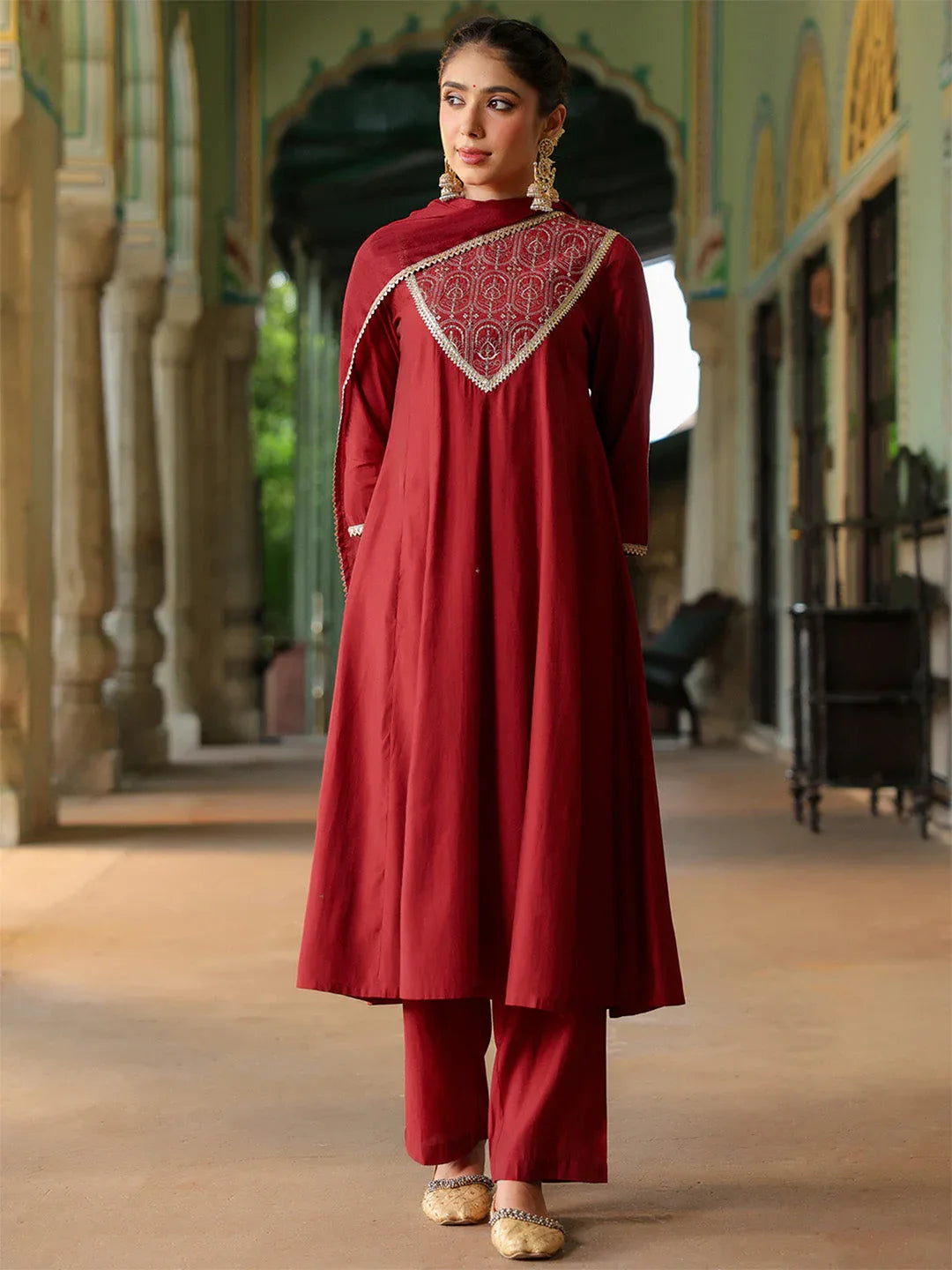 Janasya Women's Maroon Chanderi Silk Embroidered Anarkali Kurta Set