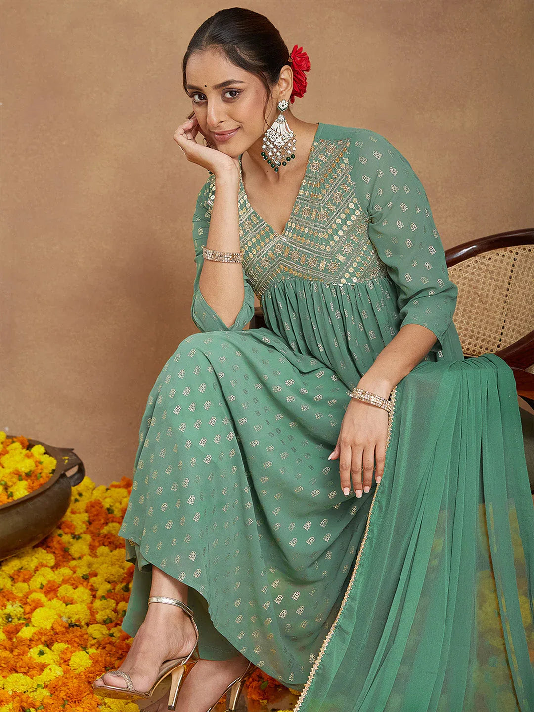 Janasya Women's Sage Green Georgette Embellished Gold Printed A-line Kurta Set
