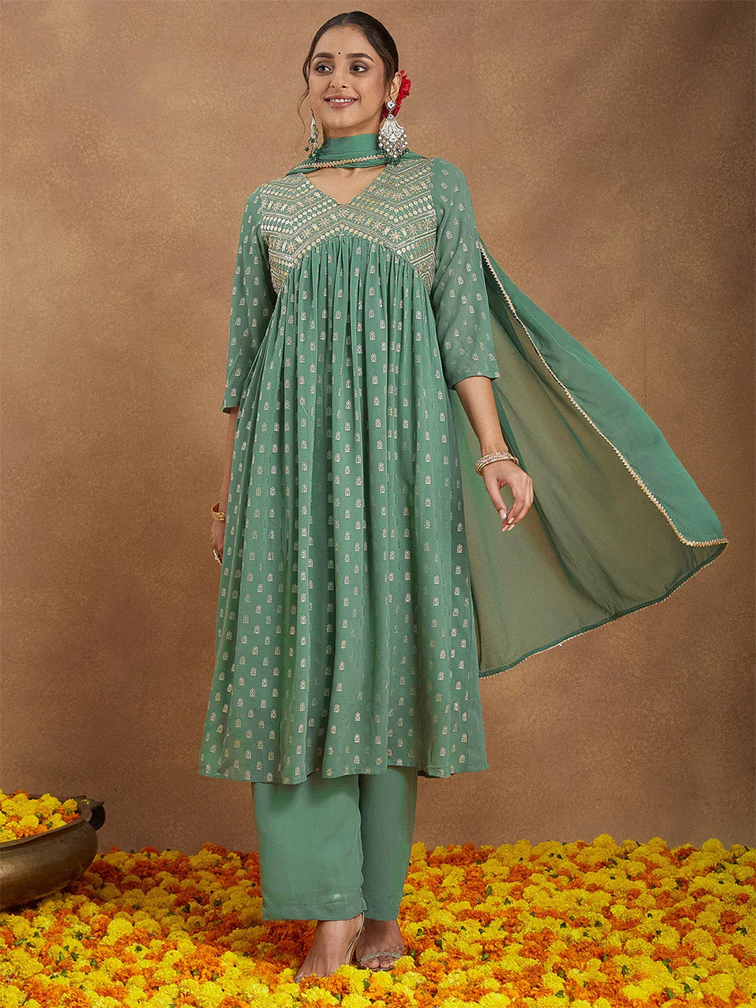 Janasya Women's Sage Green Georgette Embellished Gold Printed A-line Kurta Set