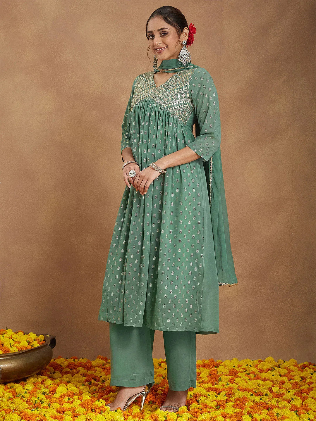 Janasya Women's Sage Green Georgette Embellished Gold Printed A-line Kurta Set