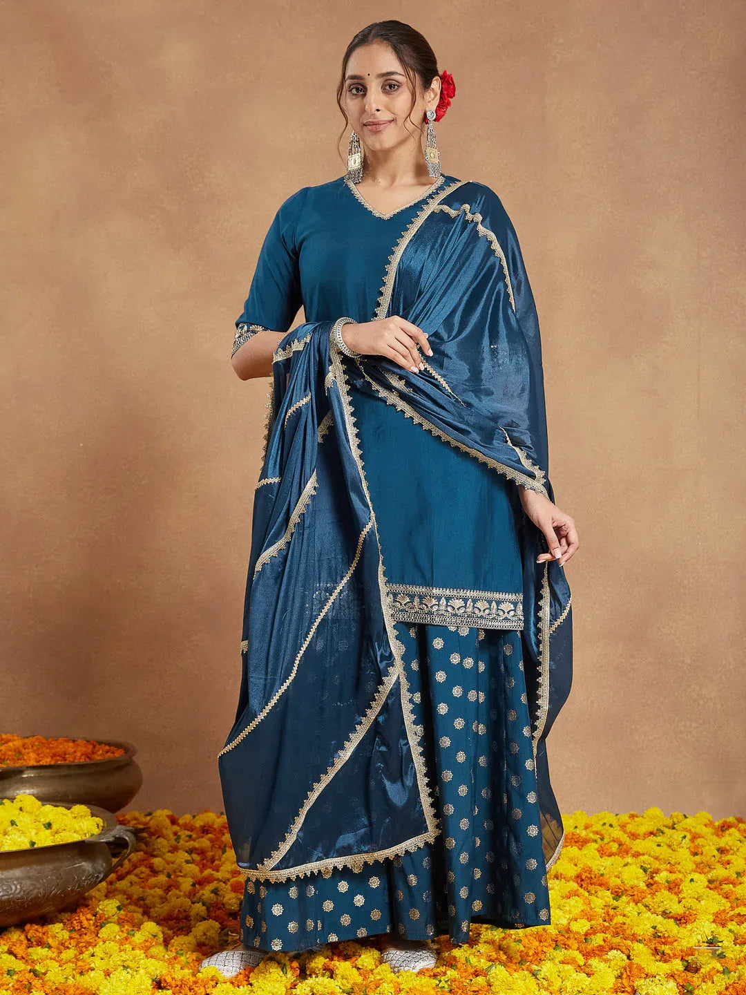 Janasya Women's Teal Blue Silk Blend Embellished Straight Kurta With Sharaa & Dupatta Set