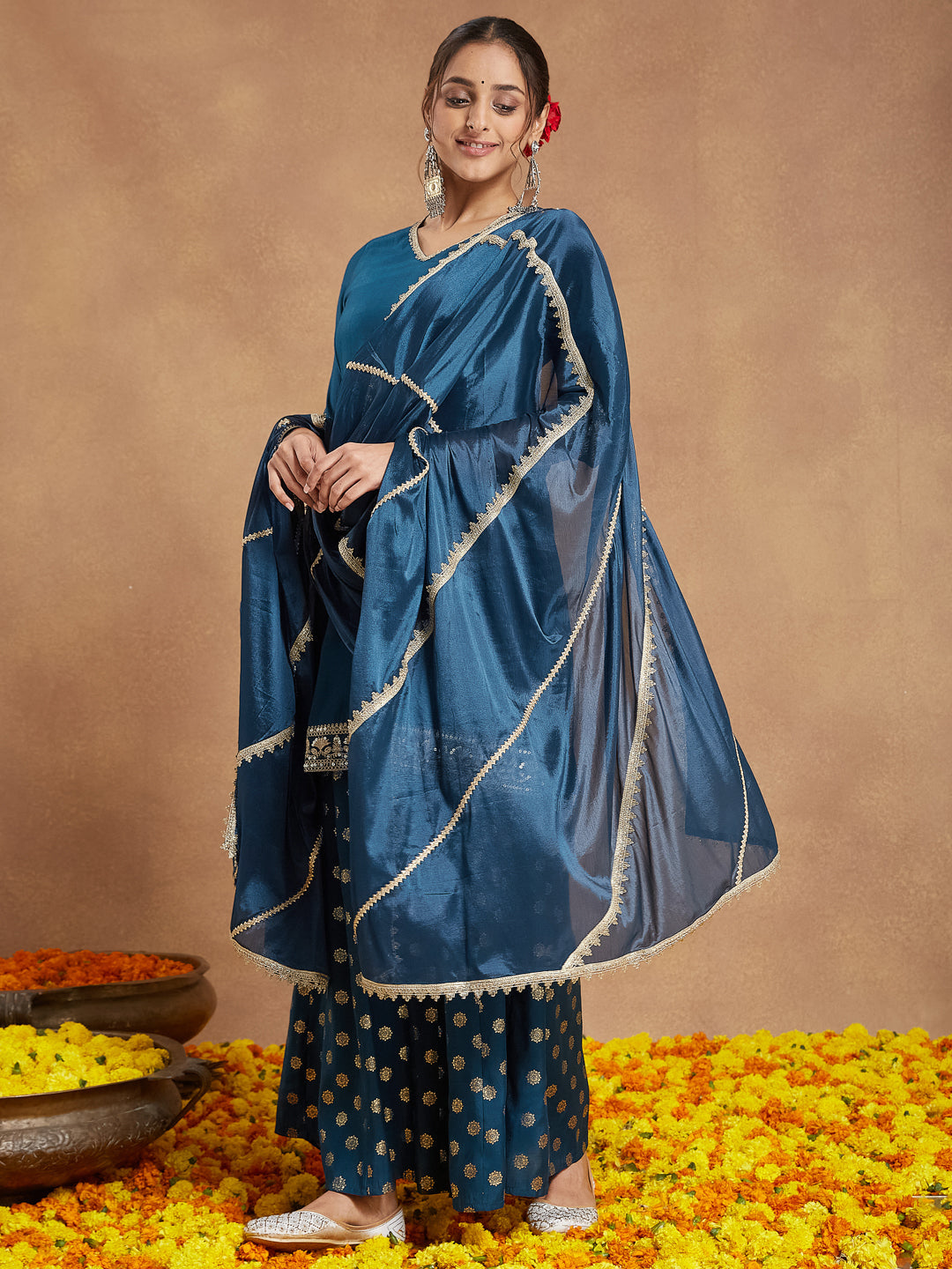 Janasya Women's Teal Blue Silk Blend Embellished Straight Kurta With Sharaa & Dupatta Set - qivii