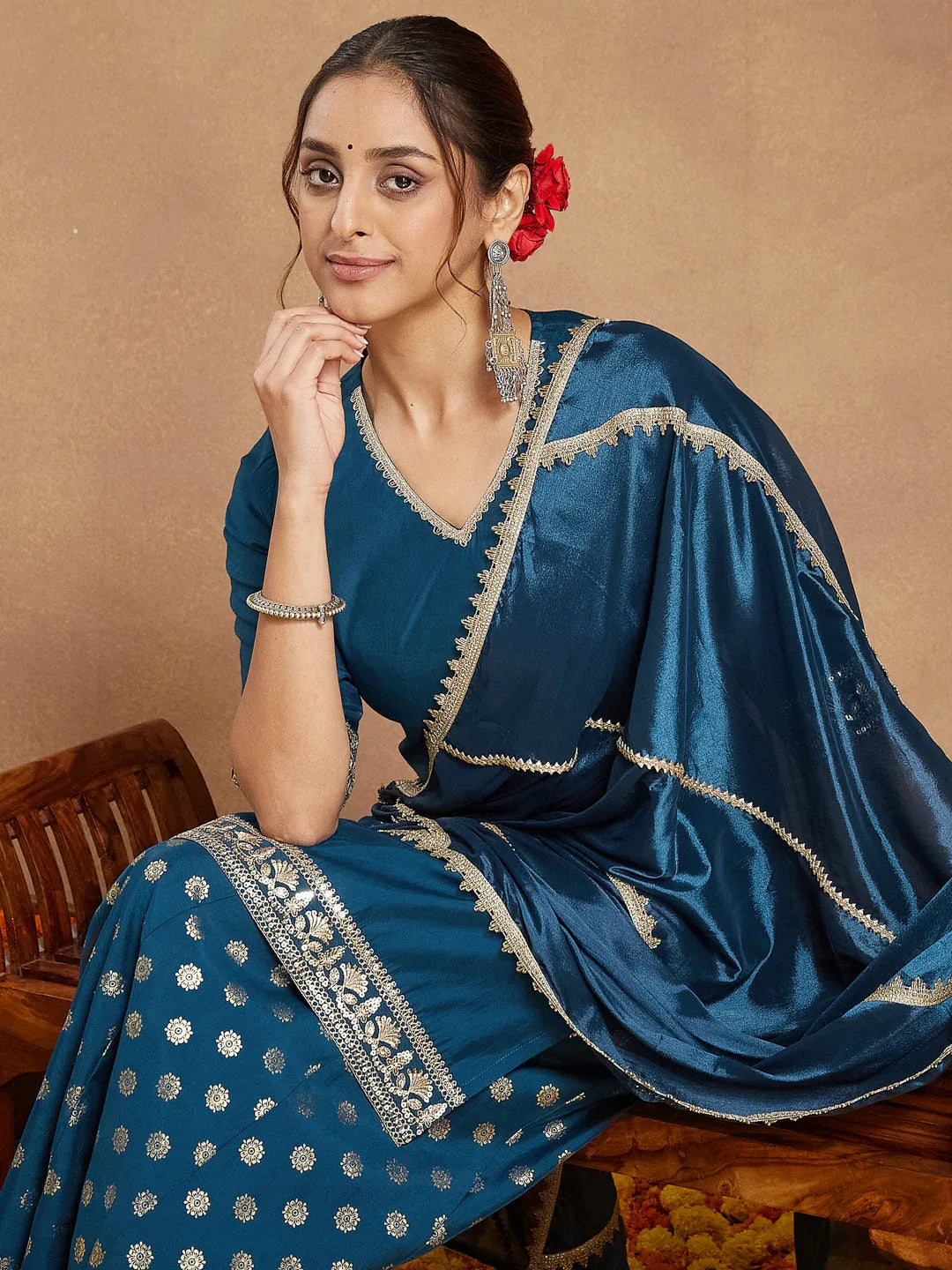 Janasya Women's Teal Blue Silk Blend Embellished Straight Kurta With Sharaa & Dupatta Set
