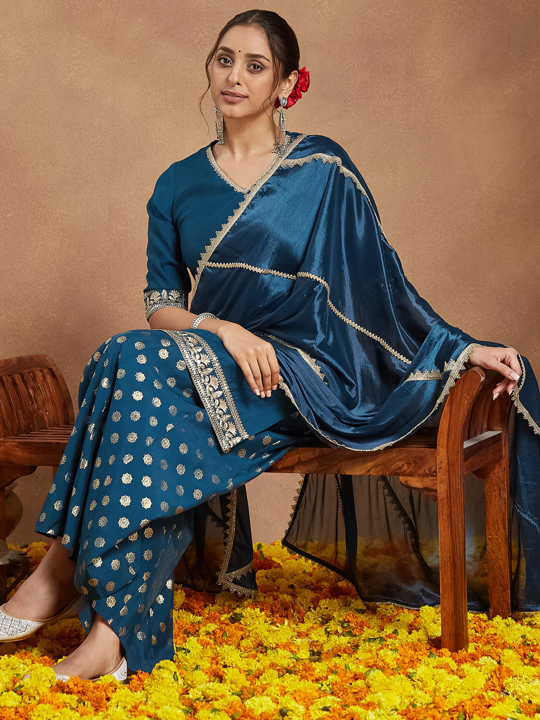 Janasya Women's Teal Blue Silk Blend Embellished Straight Kurta With Sharaa & Dupatta Set - qivii