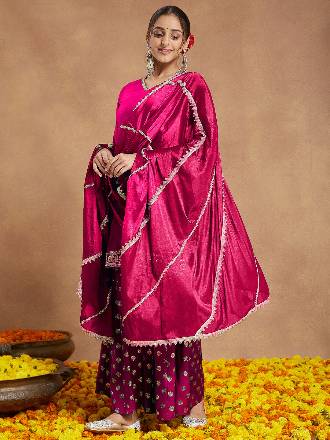 Janasya Women's Pink Silk Blend Embellished Straight Kurta With Sharara & Dupatta Set - qivii