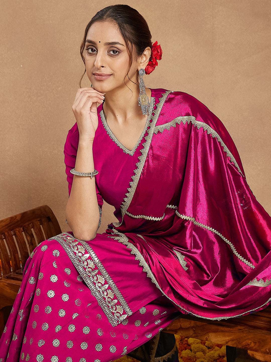 Janasya Women's Pink Silk Blend Embellished Straight Kurta With Sharara & Dupatta Set - qivii
