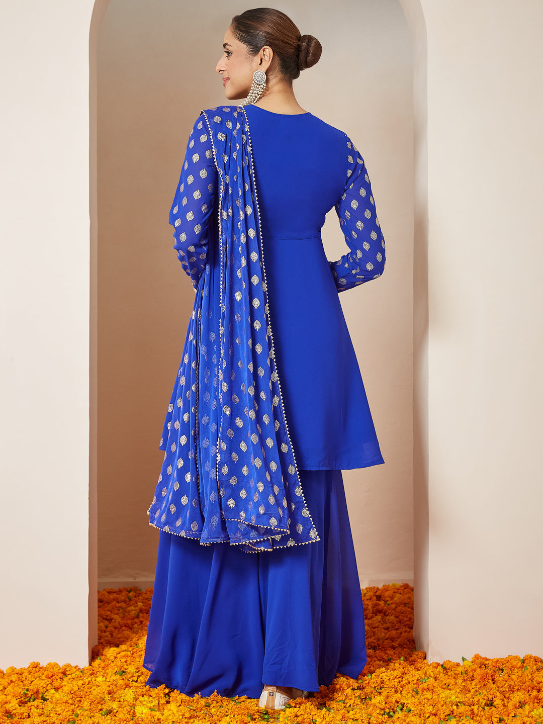 Janasya Women's Royal Blue Georgette Embellished Gold Printed A-line Kurta With Sharara & Dupatta Set - qivii