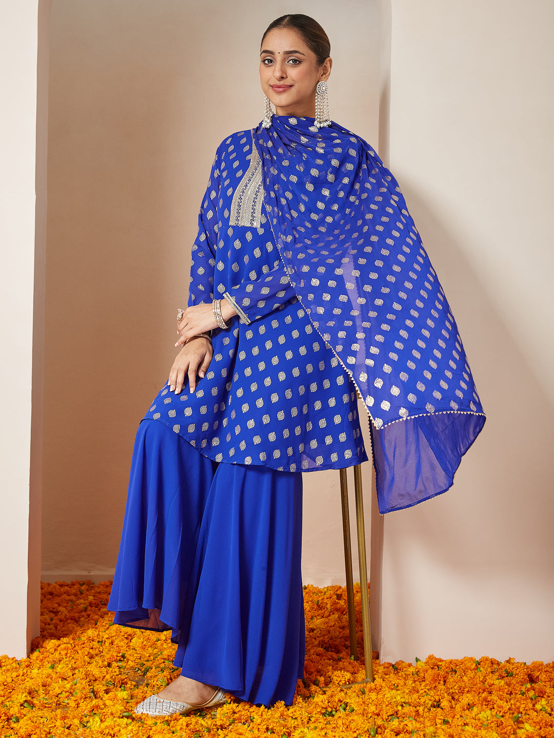 Janasya Women's Royal Blue Georgette Embellished Gold Printed A-line Kurta With Sharara & Dupatta Set - qivii