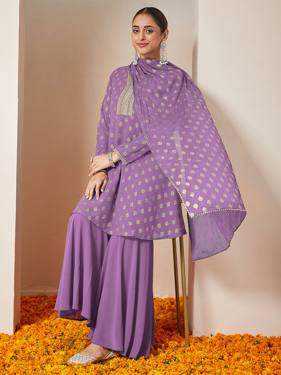 Janasya Women's Purple Georgette Embellished Gold Printed A-line Kurta With Sharara & Dupatta Set - qivii