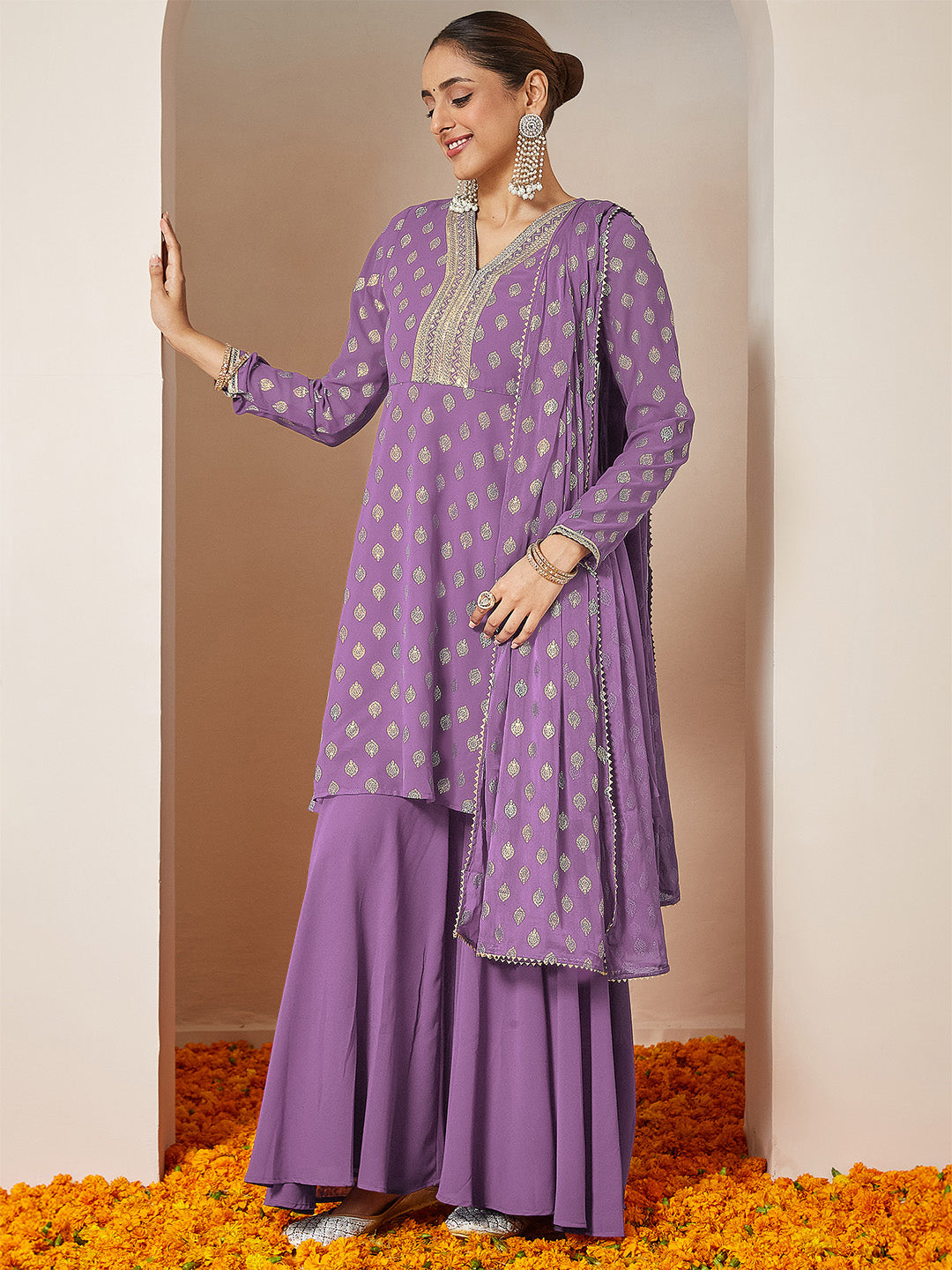 Janasya Women's Purple Georgette Embellished Gold Printed A-line Kurta With Sharara & Dupatta Set - qivii