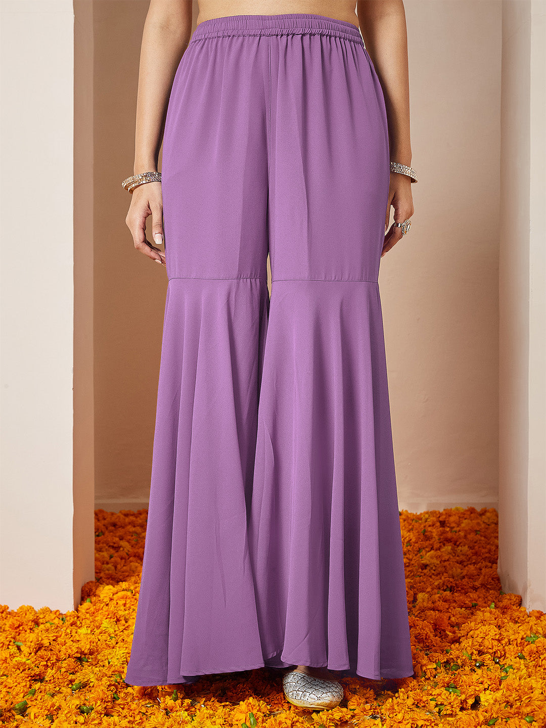 Janasya Women's Purple Georgette Embellished Gold Printed A-line Kurta With Sharara & Dupatta Set - qivii