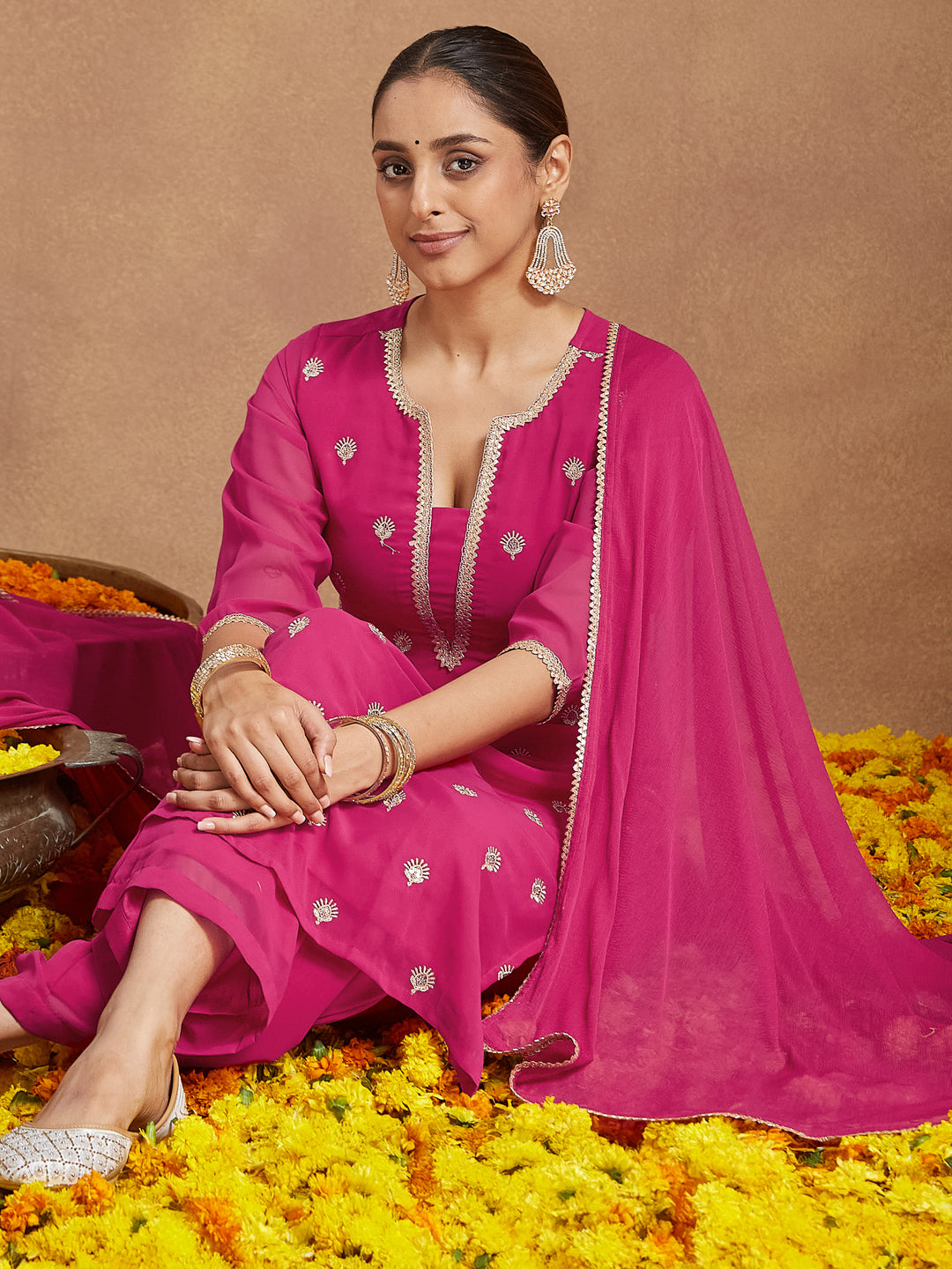 Janasya Women's Pink Georgette Embellished Straight Kurta With Palazzo Dupatta Set - qivii