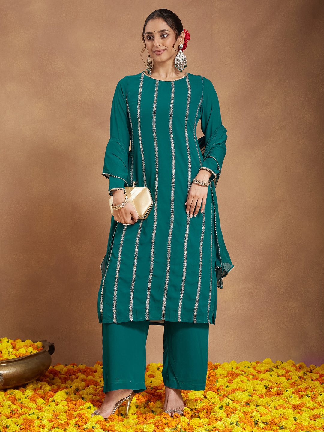 Janasya Women's Sea Green Georgette Embellished Straight Kurta With Palazzo & Dupatta Set - qivii