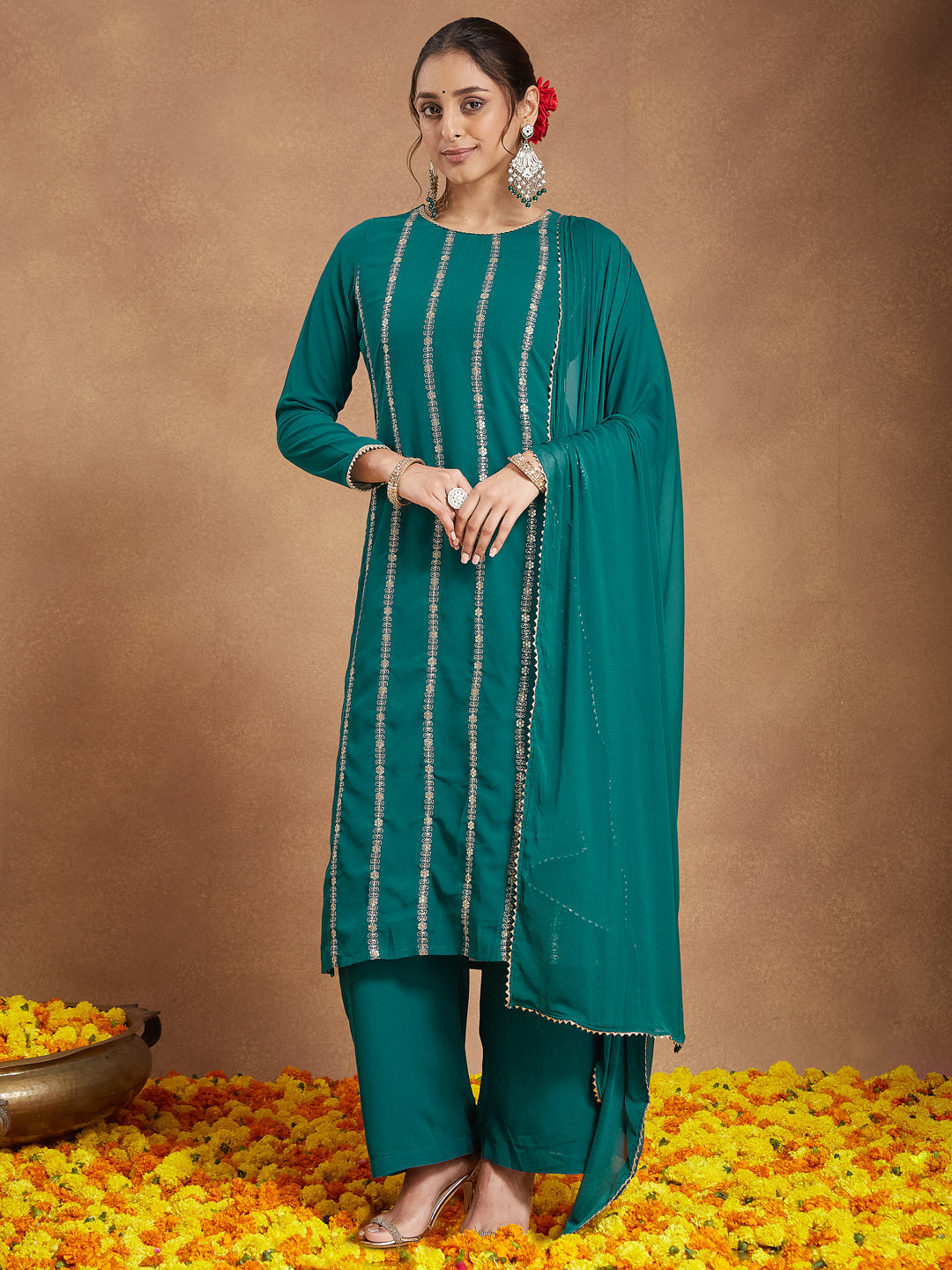Janasya Women's Sea Green Georgette Embellished Straight Kurta With Palazzo & Dupatta Set - qivii