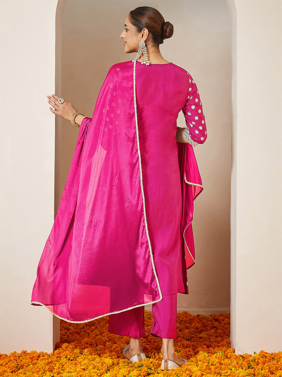 Janasya Women's Pink Chanderi Silk Foil Printed Embroidered A-line Kurta Set - qivii