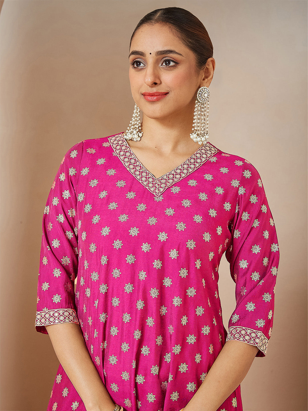 Janasya Women's Pink Chanderi Silk Foil Printed Embroidered A-line Kurta Set - qivii