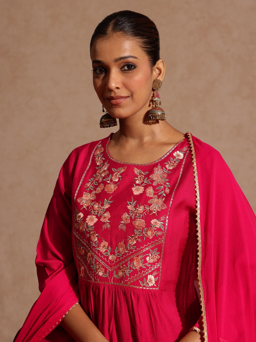 Janasya Women's Pink Silk Blend Yoke Embroidered A-line Kurta Set - qivii