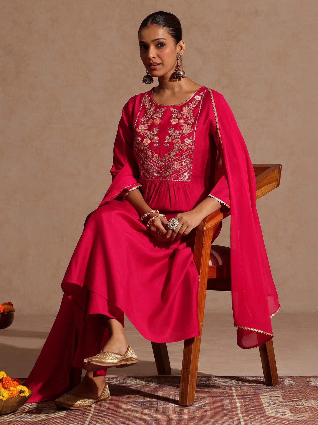 Janasya Women's Pink Silk Blend Yoke Embroidered A-line Kurta Set - qivii
