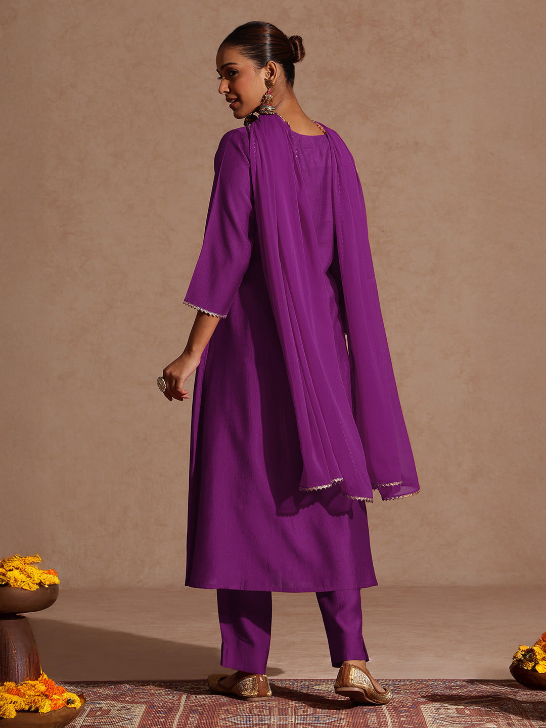 Janasya Women's Purple Silk Blend Yoke Embroidered A-line Kurta Set