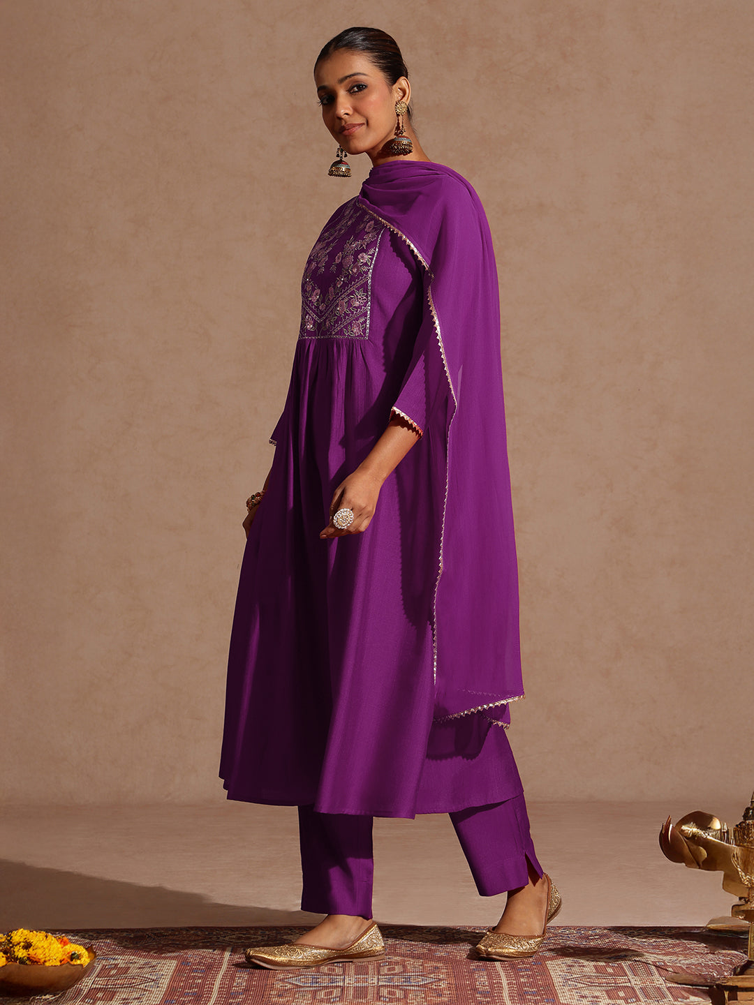 Janasya Women's Purple Silk Blend Yoke Embroidered A-line Kurta Set