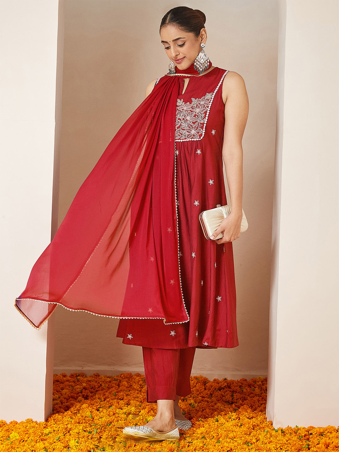 Janasya Women's Red Silk Blend Embroidered A-line Kurta Set - qivii