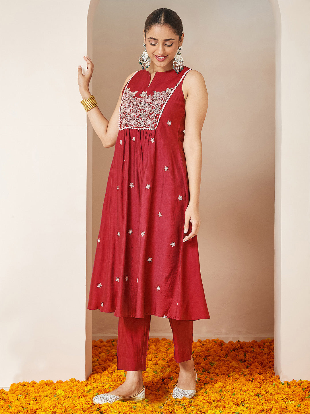 Janasya Women's Red Silk Blend Embroidered A-line Kurta Set - qivii