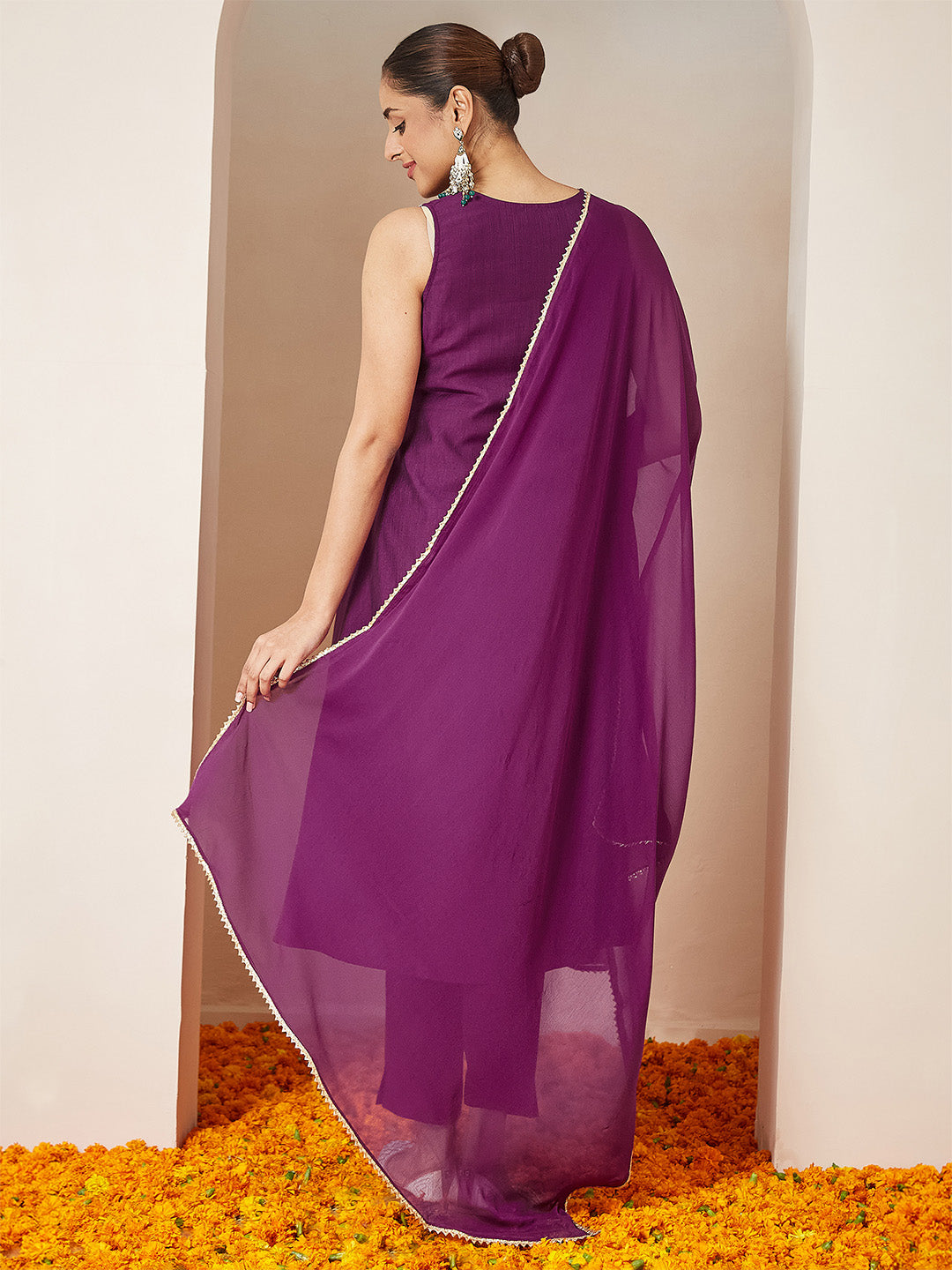 Janasya Women's Purple Silk Blend Embroidered Straight Kurta Set - qivii