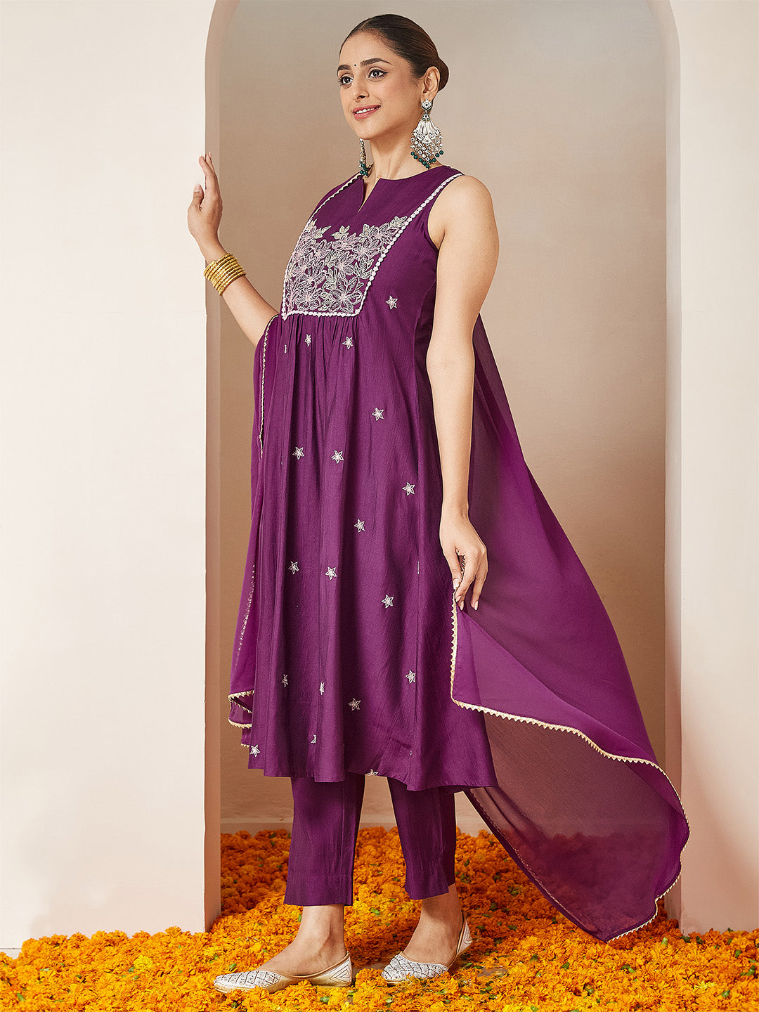 Janasya Women's Purple Silk Blend Embroidered Straight Kurta Set - qivii