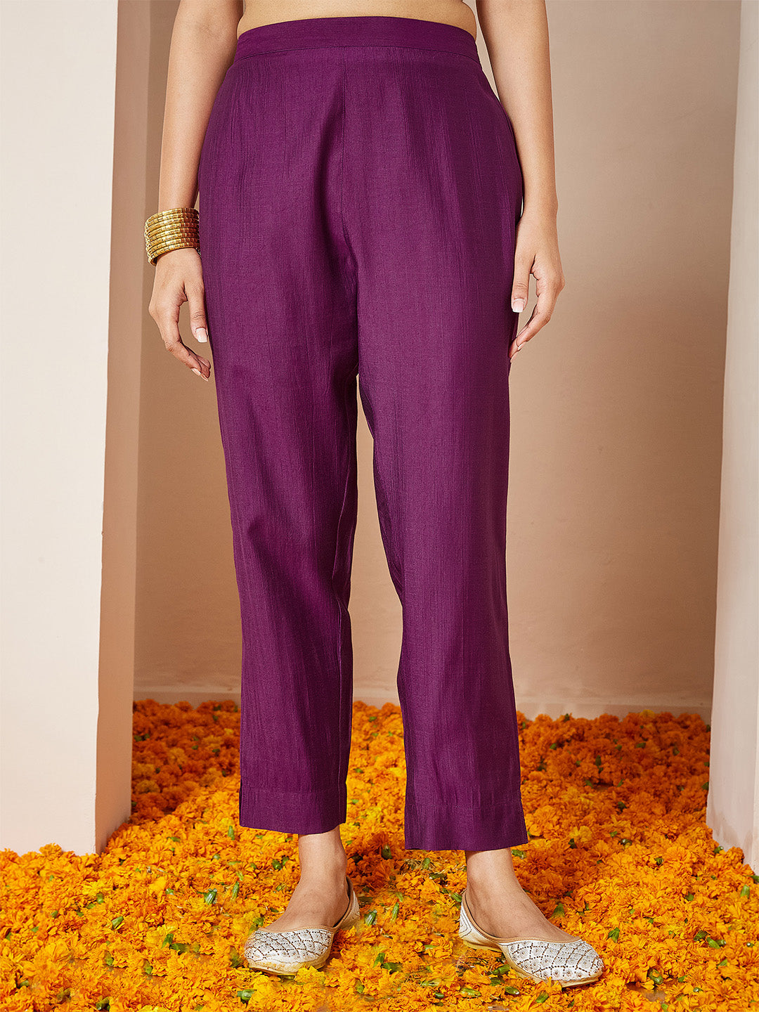 Janasya Women's Purple Silk Blend Embroidered Straight Kurta Set - qivii