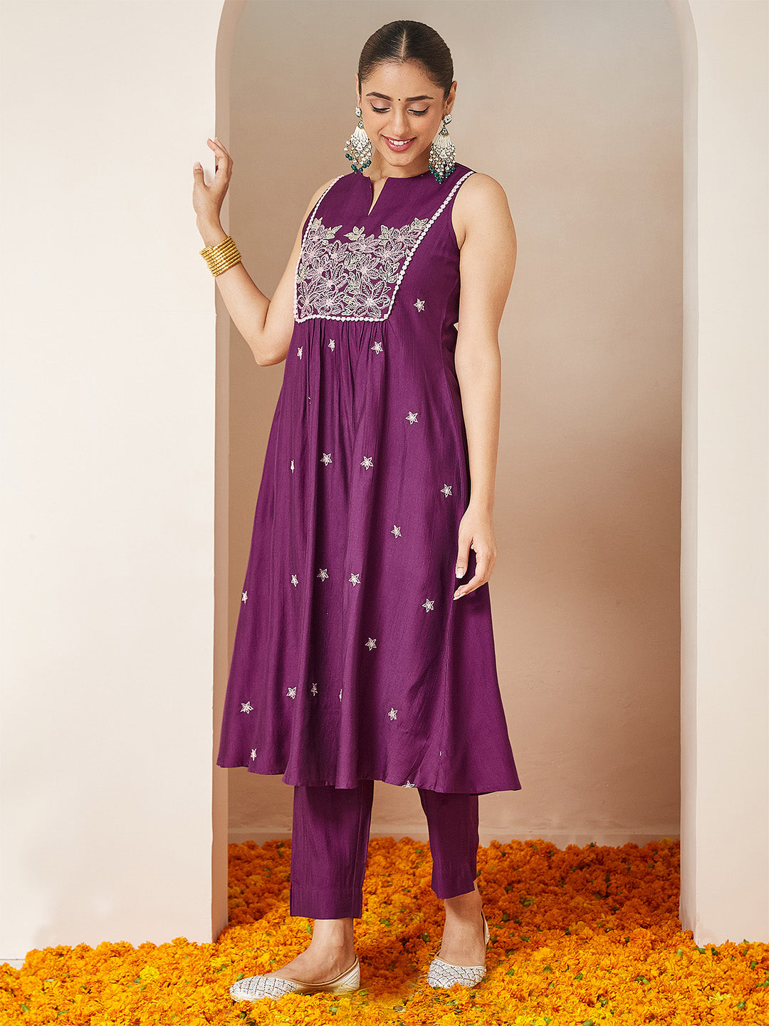 Janasya Women's Purple Silk Blend Embroidered Straight Kurta Set - qivii