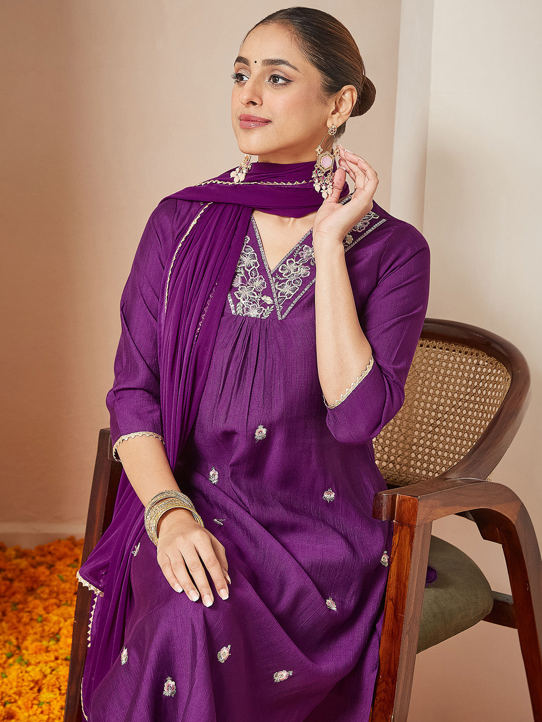 Janasya Women's Purple Silk Blend Embroidered A-line Kurta Set - qivii