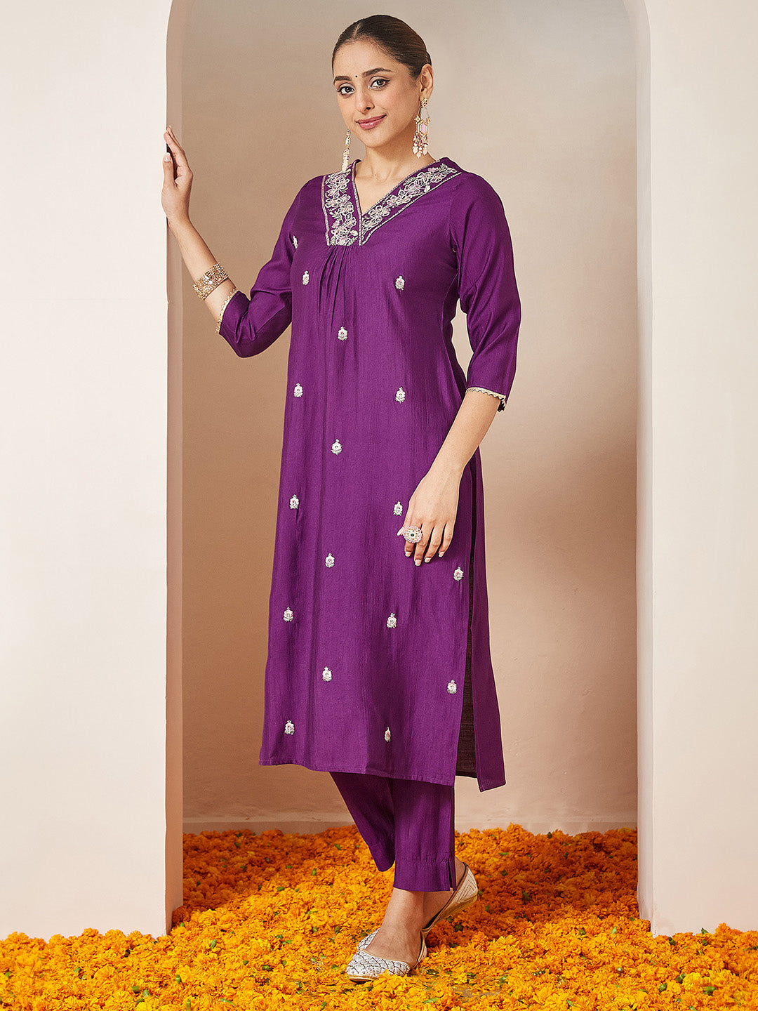 Janasya Women's Purple Silk Blend Embroidered A-line Kurta Set - qivii