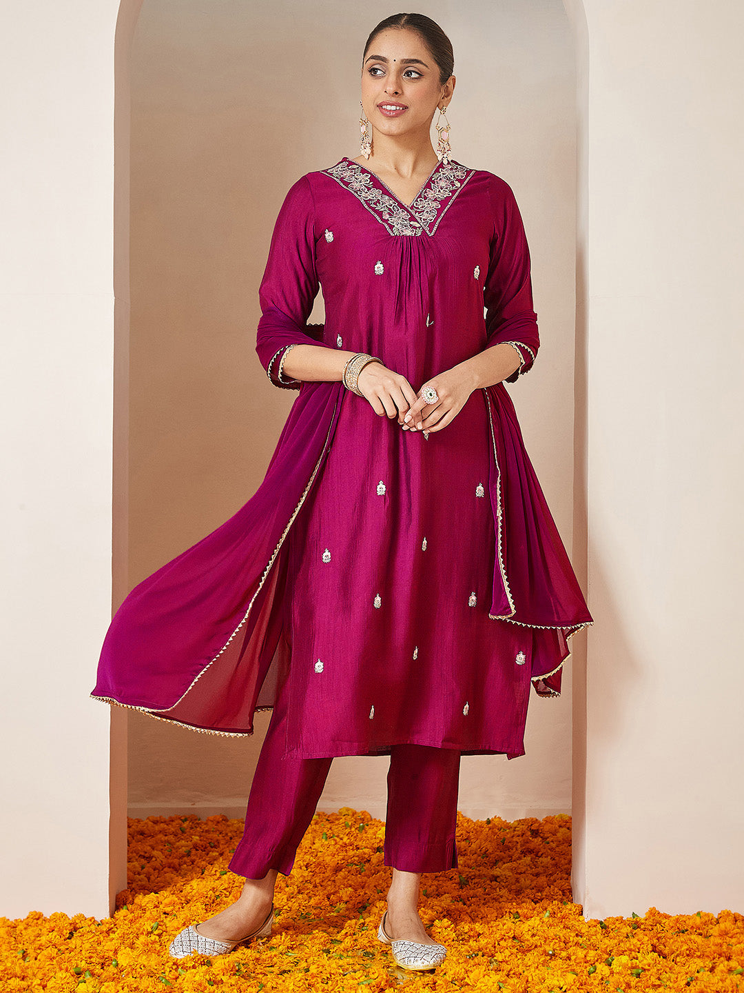 Janasya Women's Pink Silk Blend Embroidered A-line Kurta Set - qivii