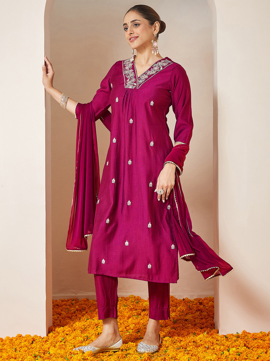 Janasya Women's Pink Silk Blend Embroidered A-line Kurta Set - qivii