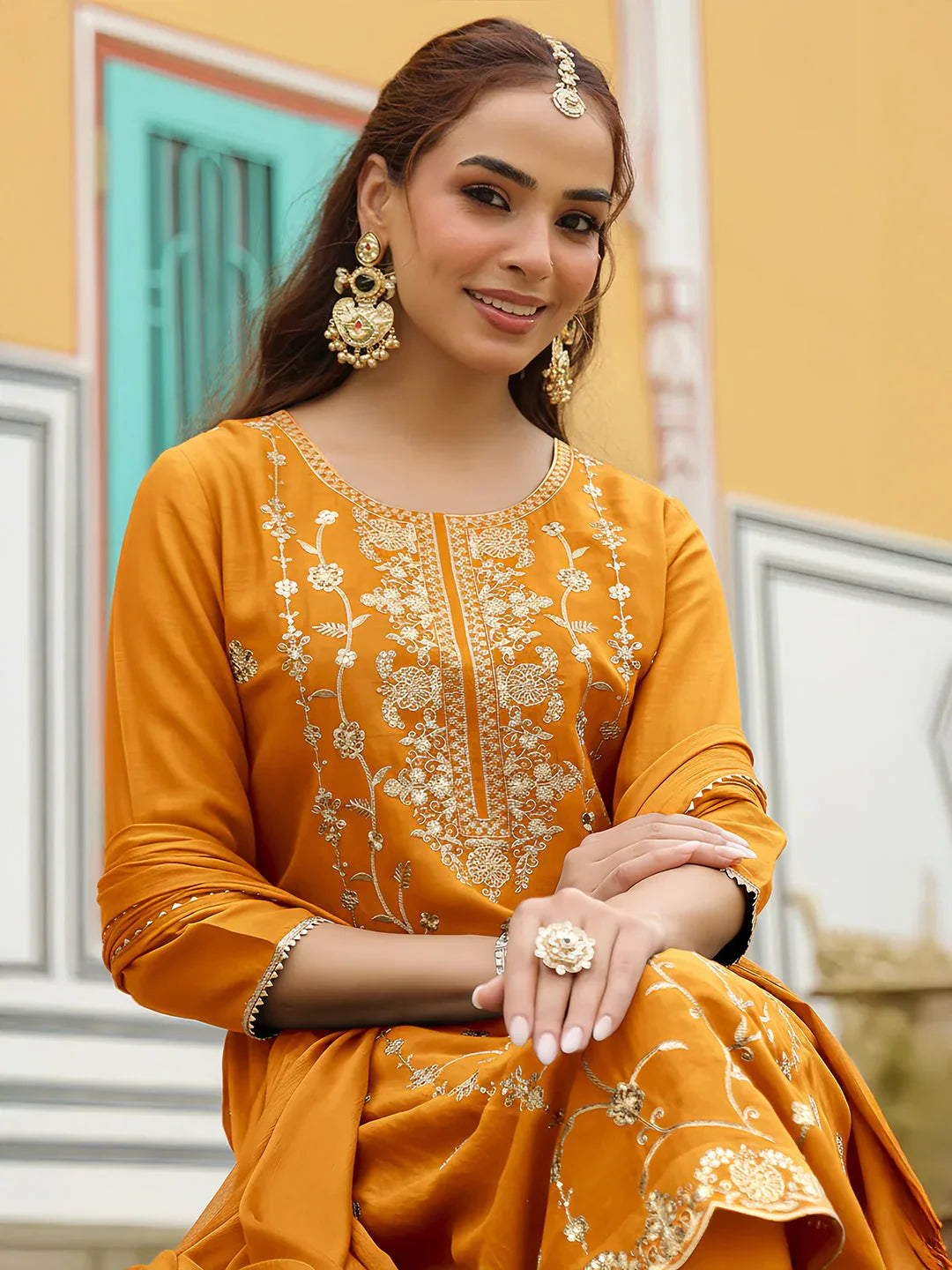 Janasya Women's Mustard Silk Blend Zari Embroidered Straight Kurta Set