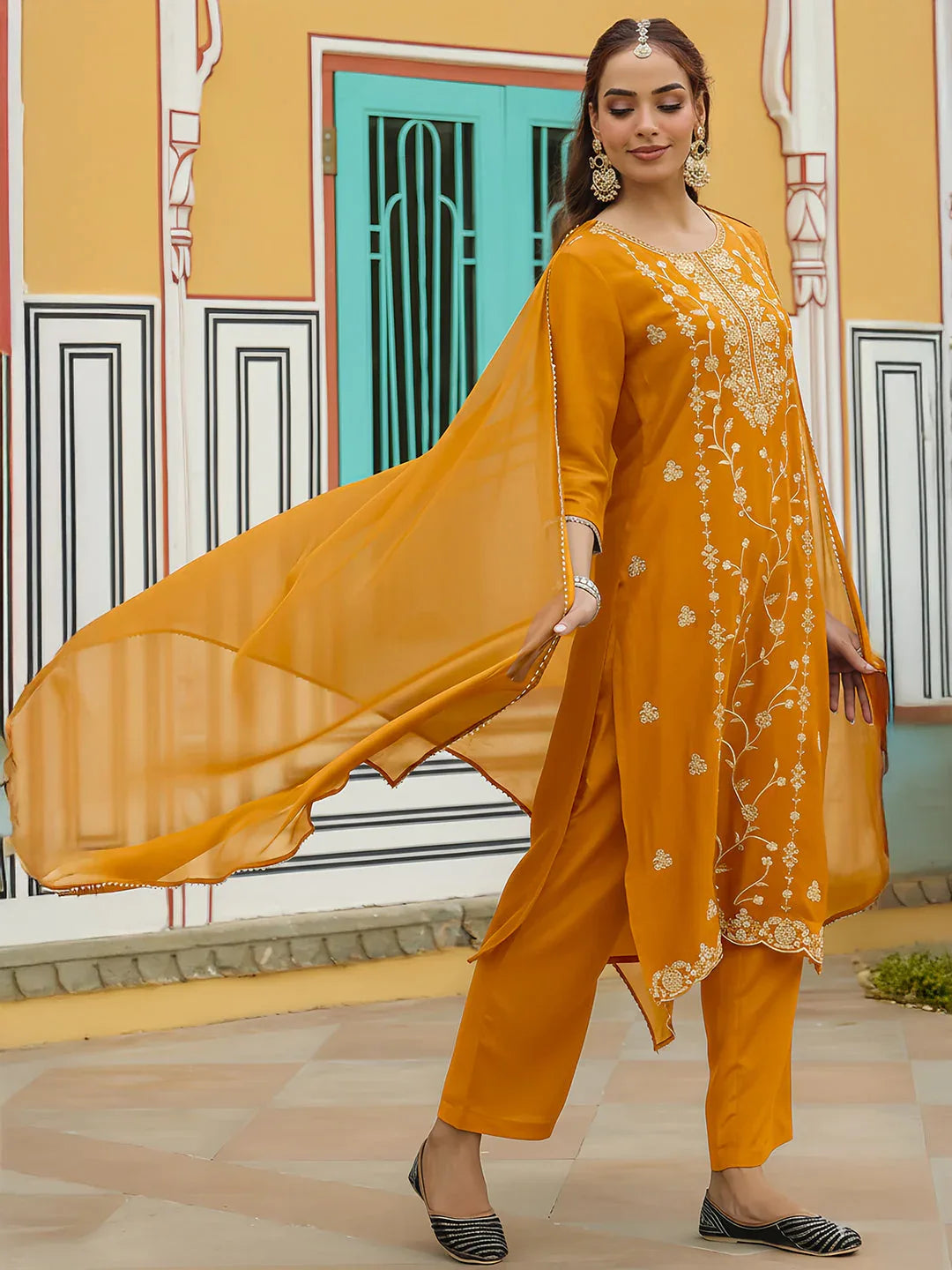 Janasya Women's Mustard Silk Blend Zari Embroidered Straight Kurta Set