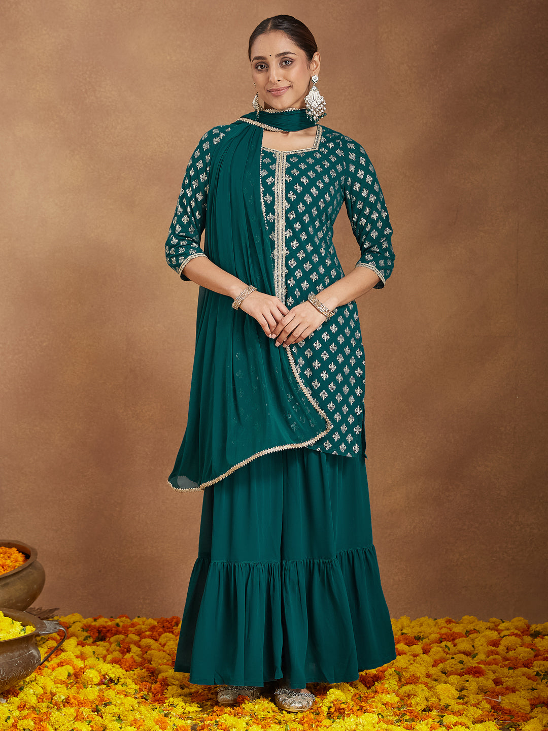 Janasya Women's Teal Green Georgette Embellished Foil Printed Straight Kurta With Sharara & Dupatta - qivii