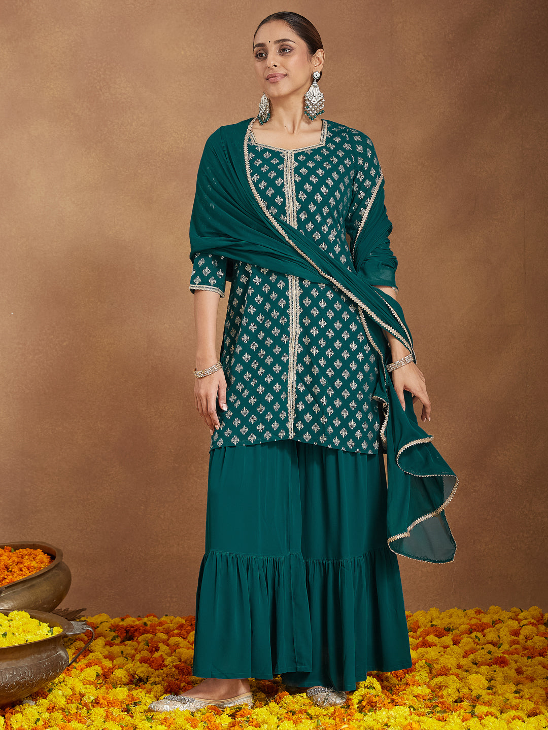 Janasya Women's Teal Green Georgette Embellished Foil Printed Straight Kurta With Sharara & Dupatta - qivii