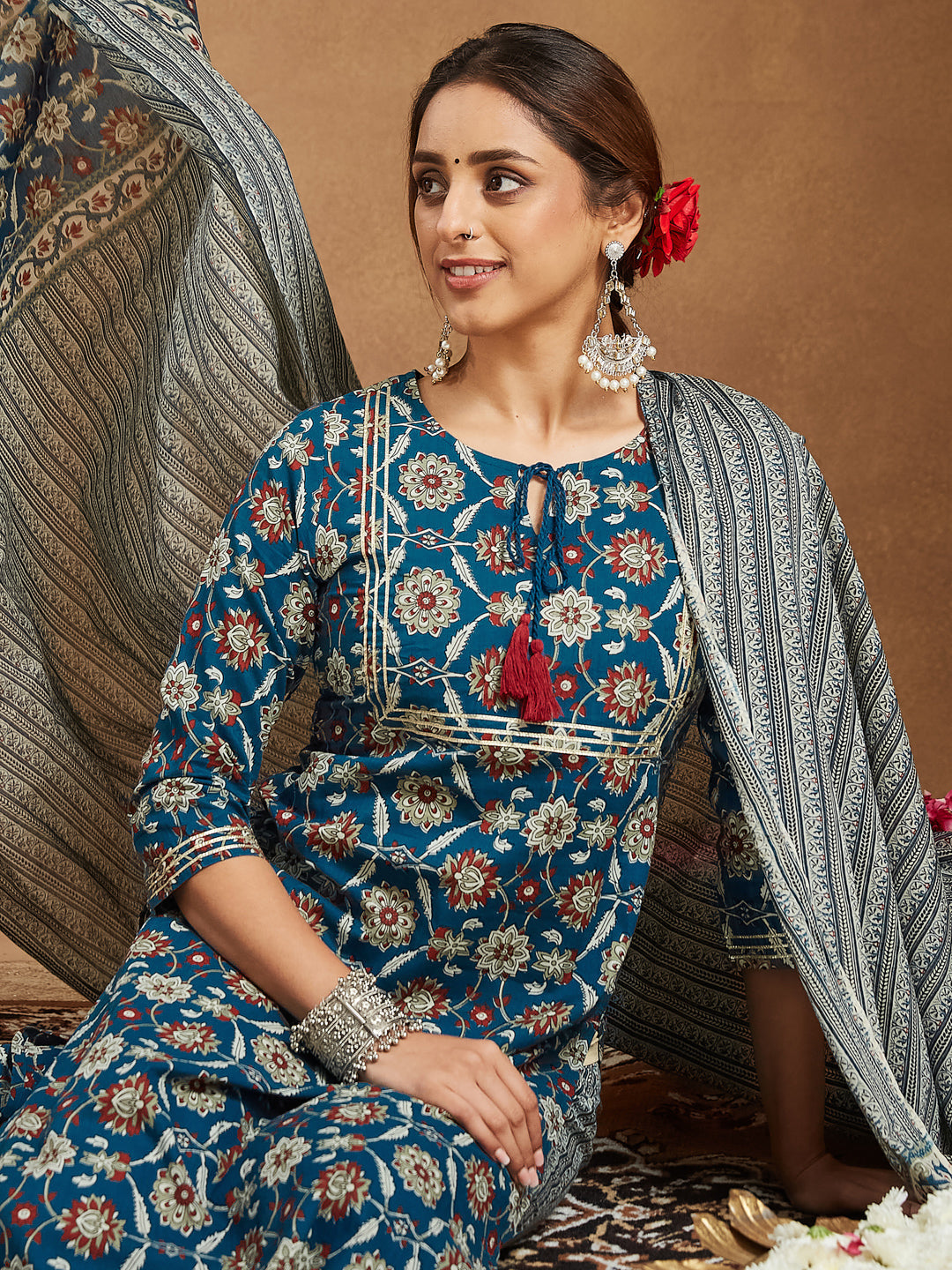 Janasya Women's Teal Blue Pure Cotton Floral Printed Straight Kurta Set - qivii