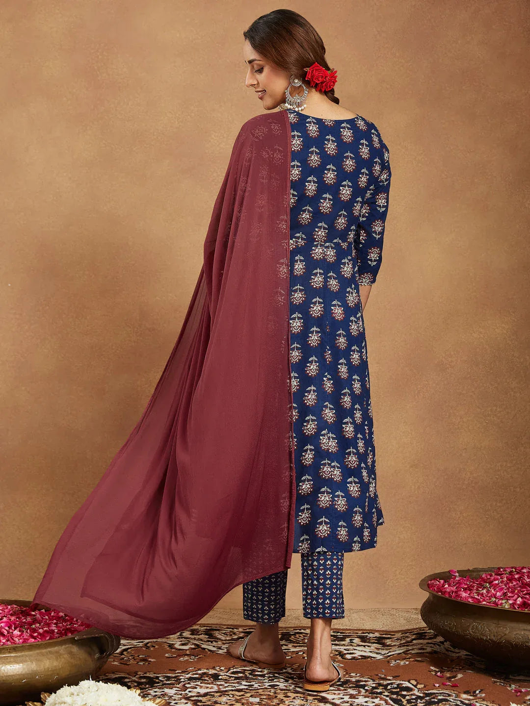 Janasya Women's Navy Blue Pure Cotton Yoke Embroidered Floral Printed Anarkali Kurta Set