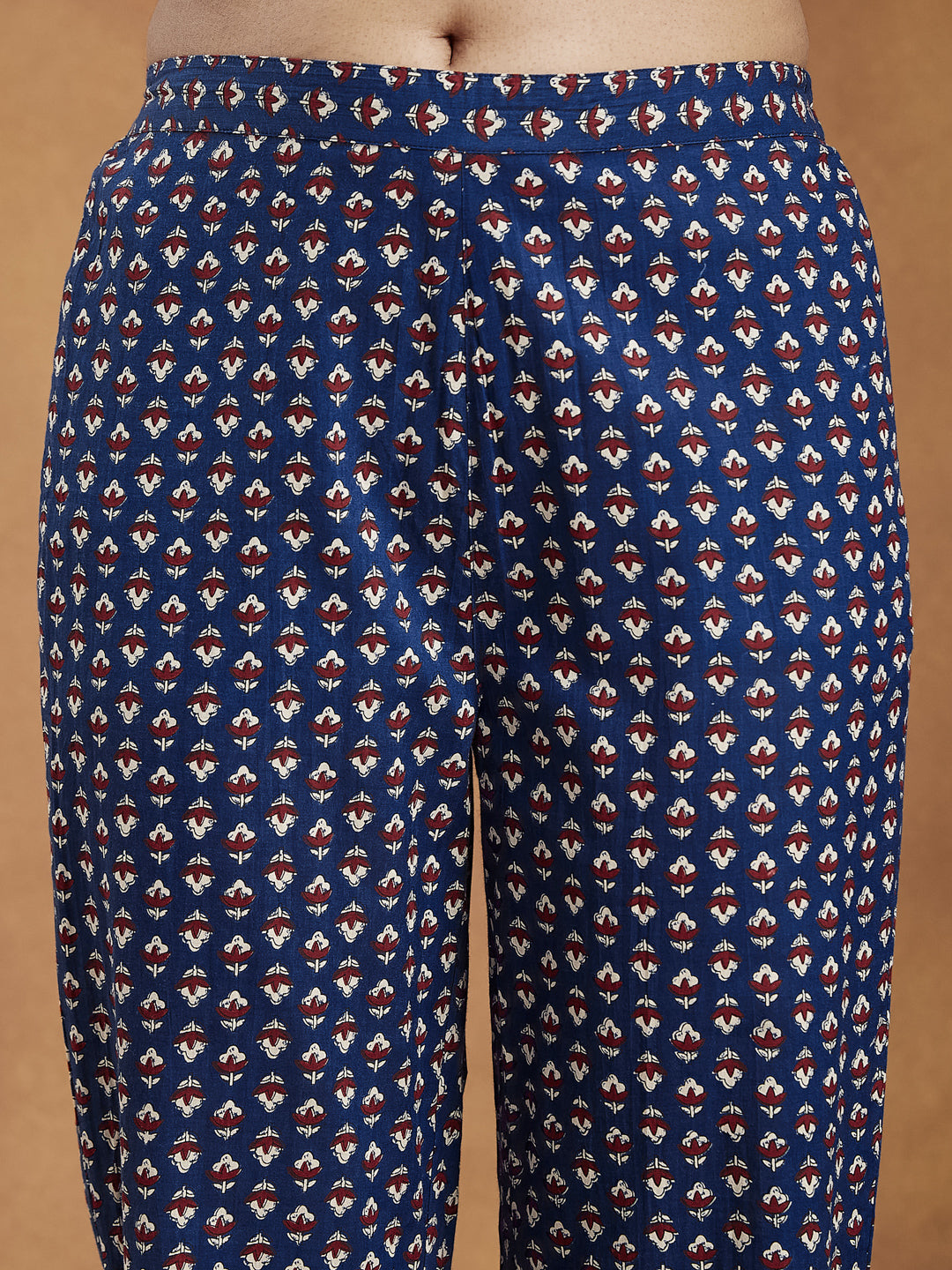 Janasya Women's Navy Blue Pure Cotton Yoke Embroidered Floral Printed Anarkali Kurta Set - qivii