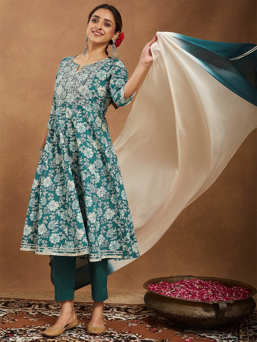 Janasya Women's Teal Green Pure Cotton Yoke Embroidered Floral Printed Anarkali Kurta Set - qivii