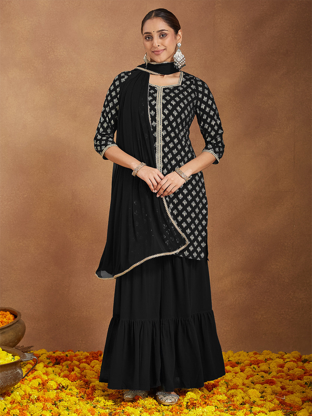 Janasya Women's Black Georgette Embellished Foil Printed Straight Kurta With Sharara & Dupatta Set - qivii