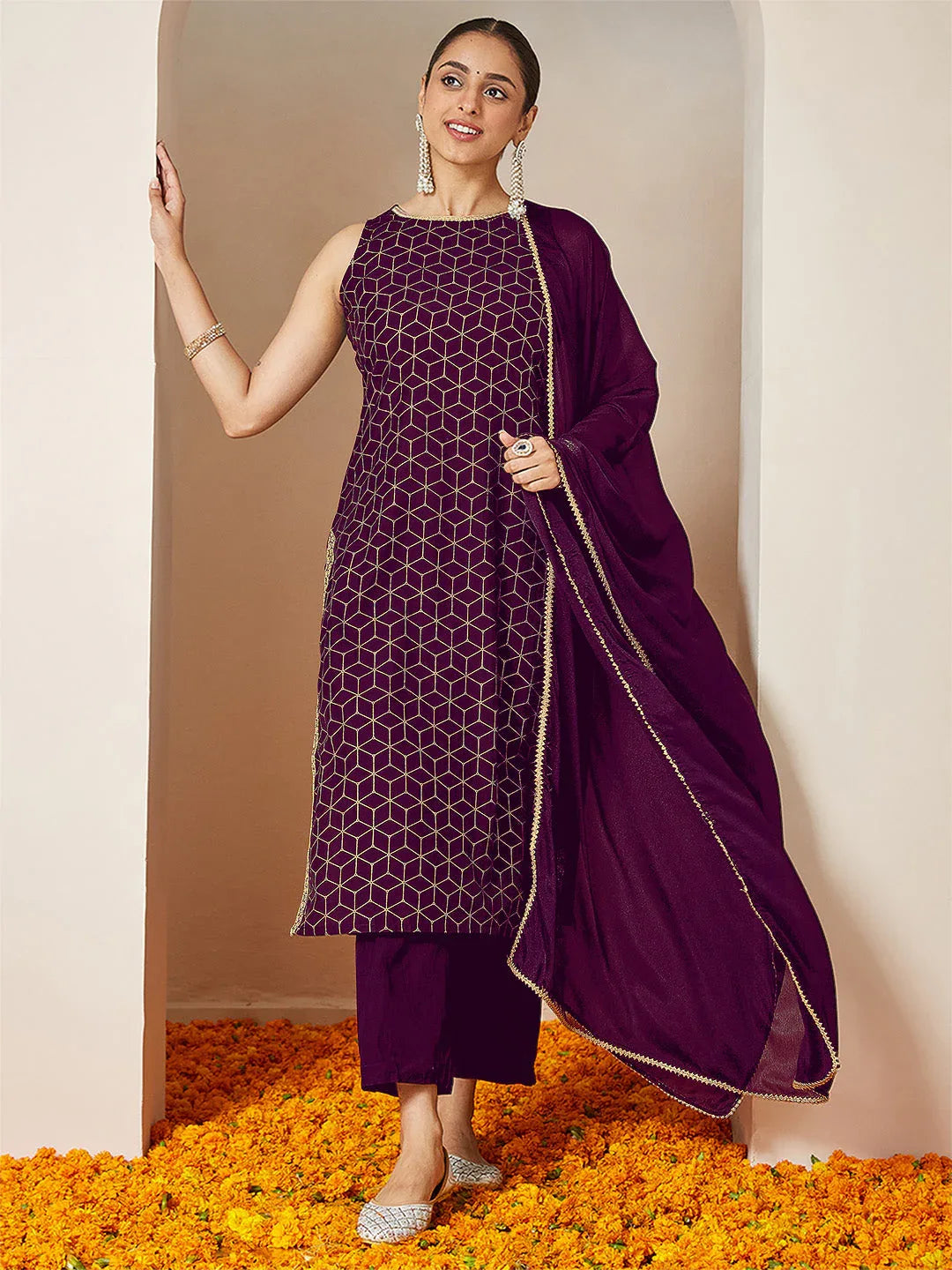 Janasya Women's Purple Chanderi Silk Embellished Gold Printed Straight Kurta Set