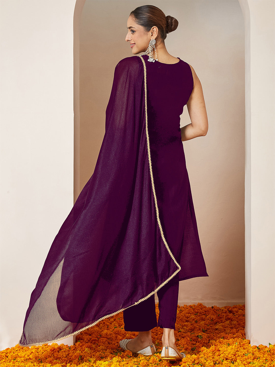 Janasya Women's Purple Chanderi Silk Embellished Gold Printed Straight Kurta Set - qivii